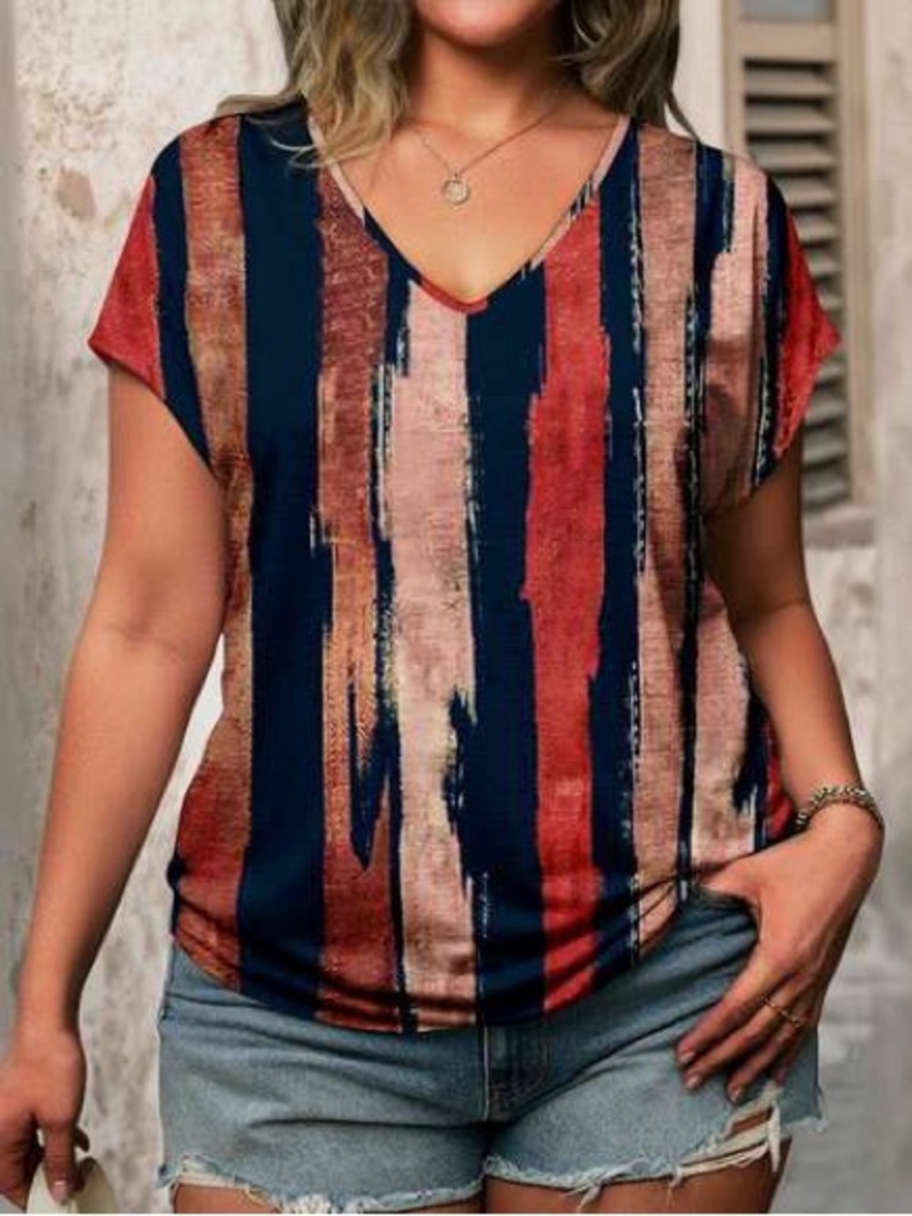 Women’s  V-Neck Striped Shirt - Red & Navy & Peach - Size Large - NIP
